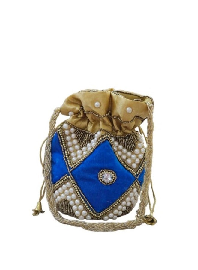 SuneshCreation Ethnic Potli Handbag with Beaded Handle, Floral Embroidery, Traditional Drawstring Purse, Velvet Wristlet (blue) - Image 1